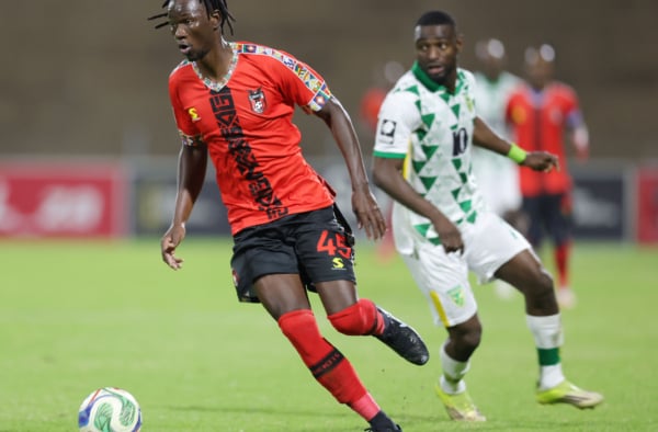 Veluyeke Zulu of TS Galaxy challenged by Junior Dion of Golden Arrows during Betway Premiership 2026/27 match between TS Galaxy and Golden Arrows at Solomon Mahlangu Stadium in Mpumalanga, on 16 August 2026 ©Samuel Shivambu/BackpagePix