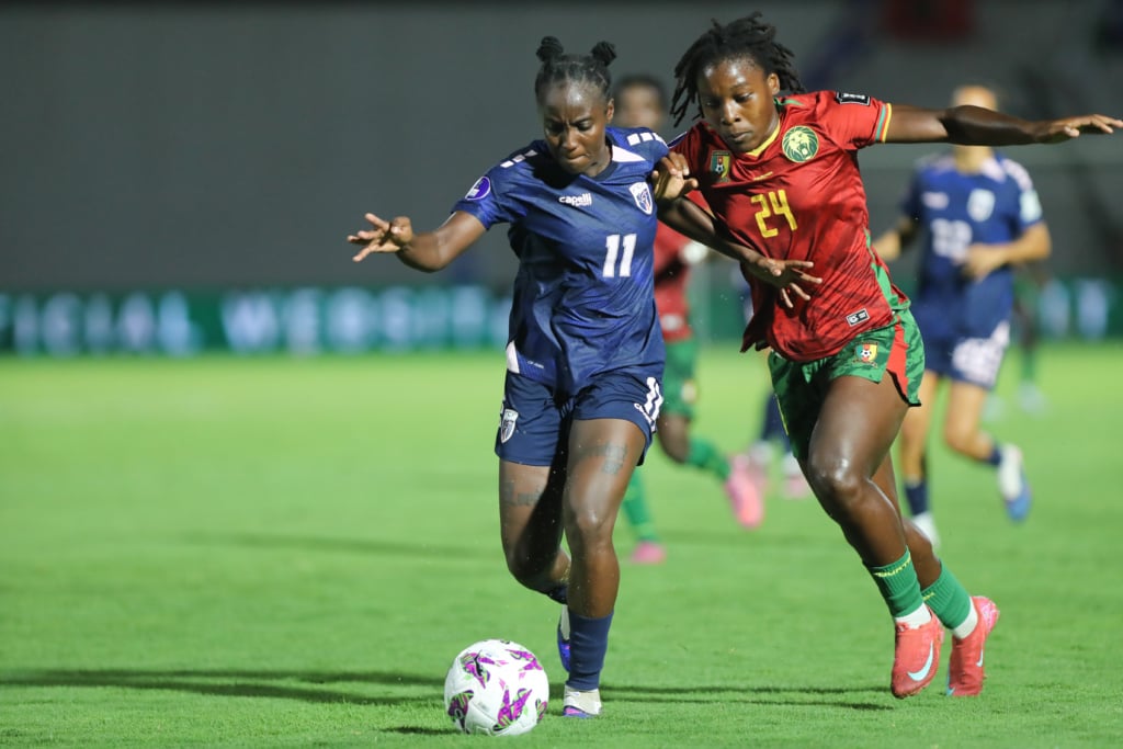 Leonilde Moreira Rodrigues of Cape Verde challenges Soufiya Nina Ngueleu of Cameroon during the 2026 Womens Africa Cup of Nations match between Cape Verde and Cameroon at Larbi Zaouli Stadium in Casablanca, Morocco on 6 August 2026 ©BackpagePix