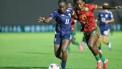 Leonilde Moreira Rodrigues of Cape Verde challenges Soufiya Nina Ngueleu of Cameroon during the 2026 Womens Africa Cup of Nations match between Cape Verde and Cameroon at Larbi Zaouli Stadium in Casablanca, Morocco on 6 August 2026 ©BackpagePix