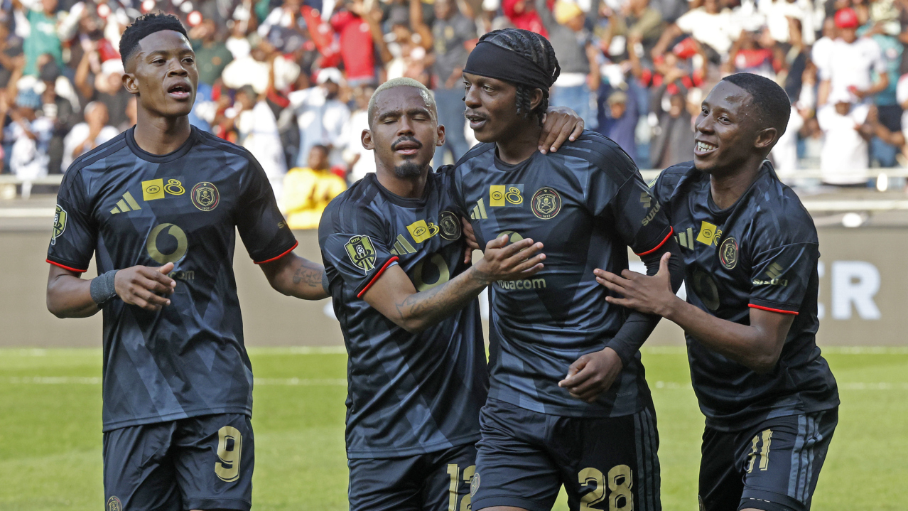 Patrick Maswanganyi of Orlando Pirates celebrates goal with teammates Yanela Mbuthuma, Oswin Appollis and Tshepang Moremi of Orlando Pirates during the MTN8 2026 football match between Orlando Pirates and Durban City at Orlando Stadium, Soweto on 08 August 2026 @Gavin Barker/BackpagePix