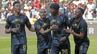 Patrick Maswanganyi of Orlando Pirates celebrates goal with teammates Yanela Mbuthuma, Oswin Appollis and Tshepang Moremi of Orlando Pirates during the MTN8 2026 football match between Orlando Pirates and Durban City at Orlando Stadium, Soweto on 08 August 2026 @Gavin Barker/BackpagePix