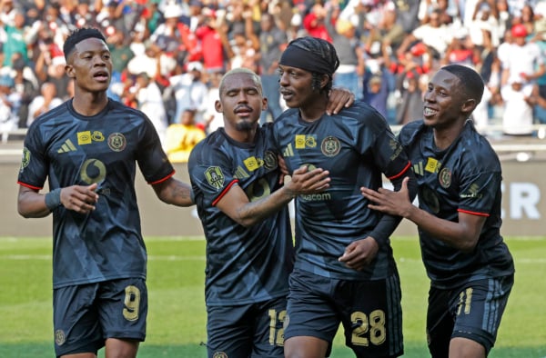 Patrick Maswanganyi of Orlando Pirates celebrates goal with teammates Yanela Mbuthuma, Oswin Appollis and Tshepang Moremi of Orlando Pirates during the MTN8 2026 football match between Orlando Pirates and Durban City at Orlando Stadium, Soweto on 08 August 2026 @Gavin Barker/BackpagePix