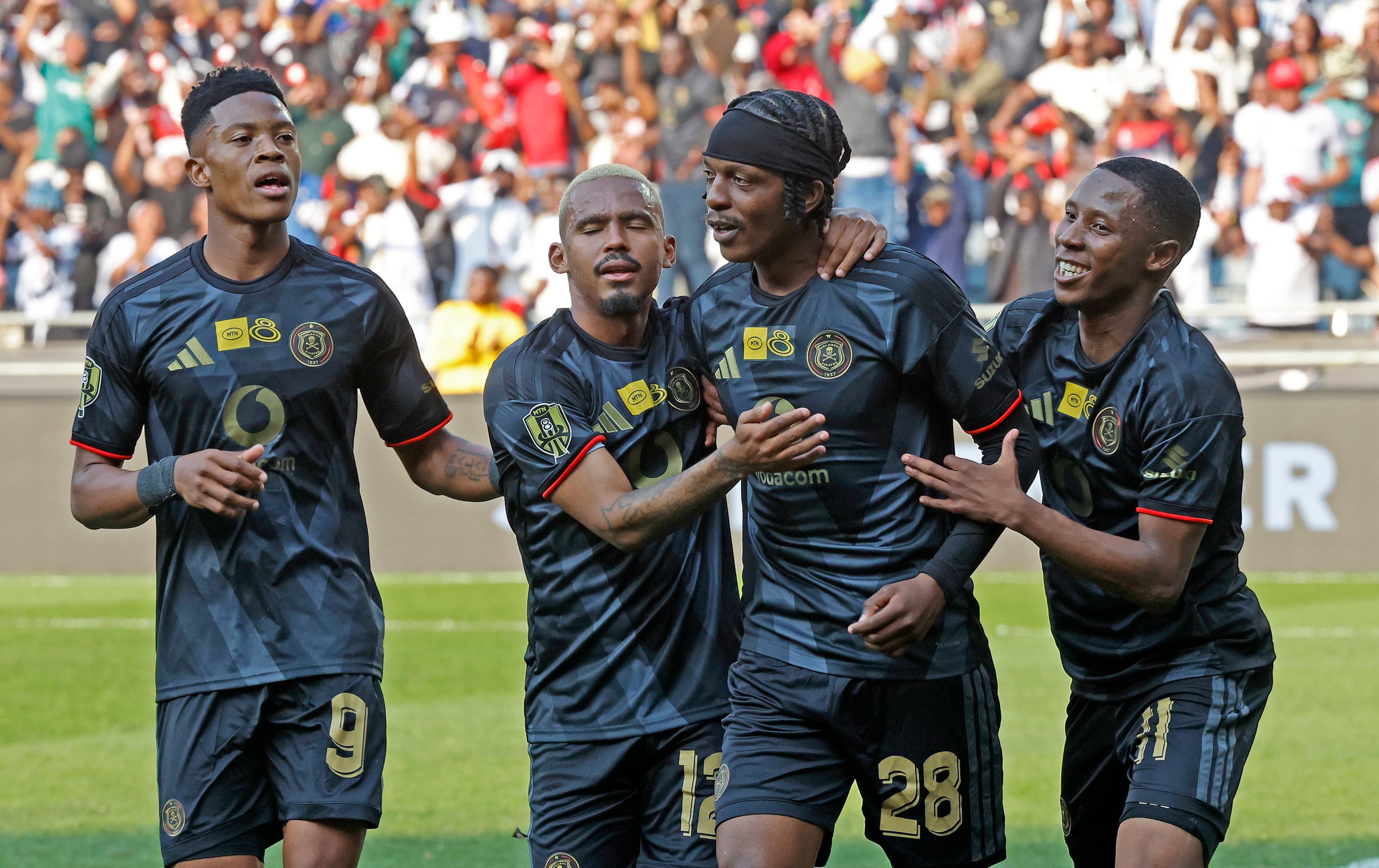 Patrick Maswanganyi of Orlando Pirates celebrates goal with teammates Yanela Mbuthuma, Oswin Appollis and Tshepang Moremi of Orlando Pirates during the MTN8 2026 football match between Orlando Pirates and Durban City at Orlando Stadium, Soweto on 08 August 2026 @Gavin Barker/BackpagePix