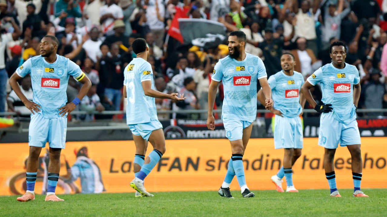 Durban City players dejected after last minute goal by Gamphani Lungu of Orlando Pirates during the MTN8 2026 football match between Orlando Pirates and Durban City at Orlando Stadium, Soweto on 08 August 2026 @Gavin Barker/BackpagePix