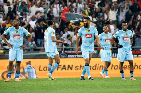 Durban City players dejected after last minute goal by Gamphani Lungu of Orlando Pirates during the MTN8 2026 football match between Orlando Pirates and Durban City at Orlando Stadium, Soweto on 08 August 2026 @Gavin Barker/BackpagePix