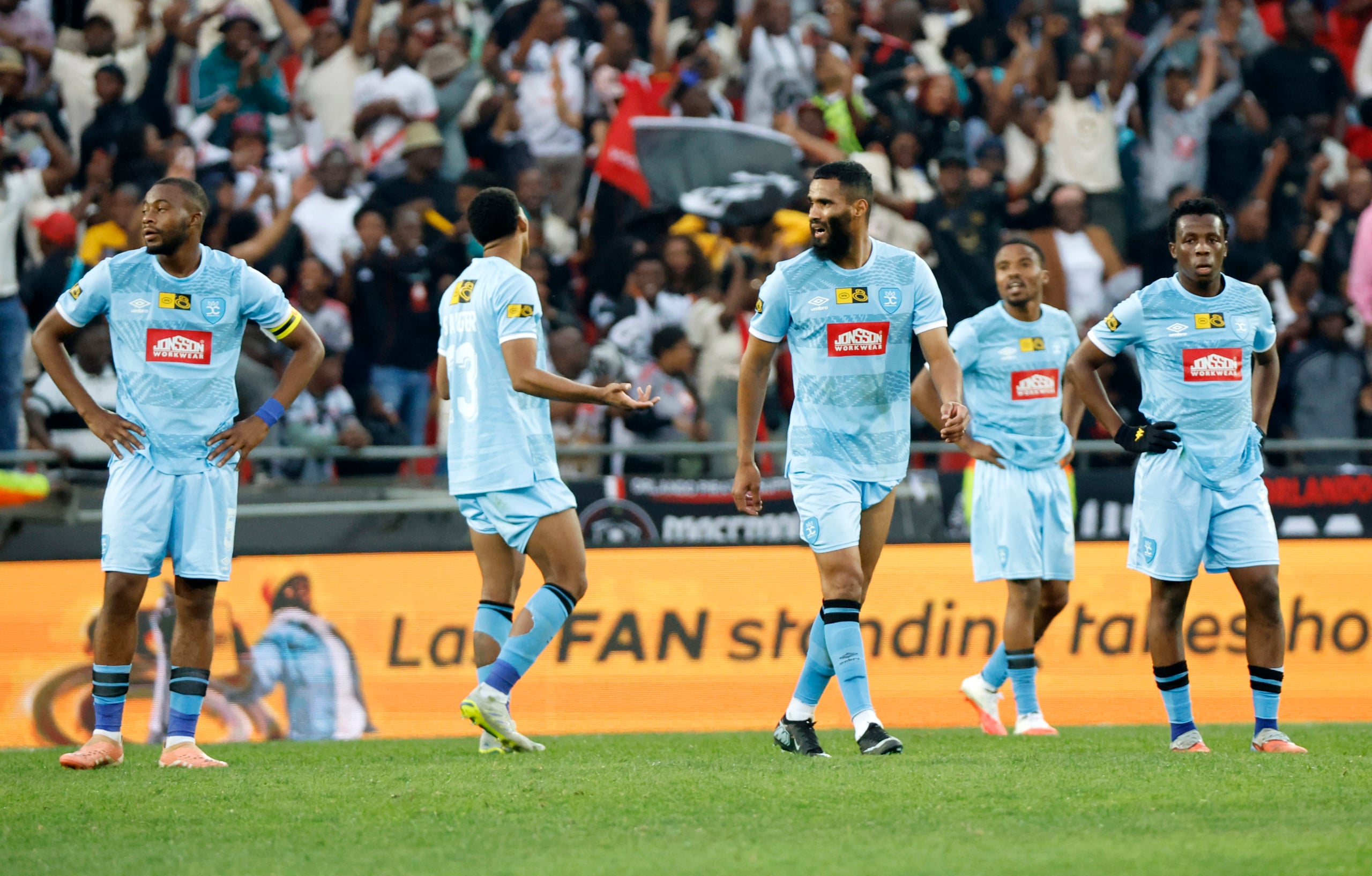 Durban City players dejected after last minute goal by Gamphani Lungu of Orlando Pirates during the MTN8 2026 football match between Orlando Pirates and Durban City at Orlando Stadium, Soweto on 08 August 2026 @Gavin Barker/BackpagePix