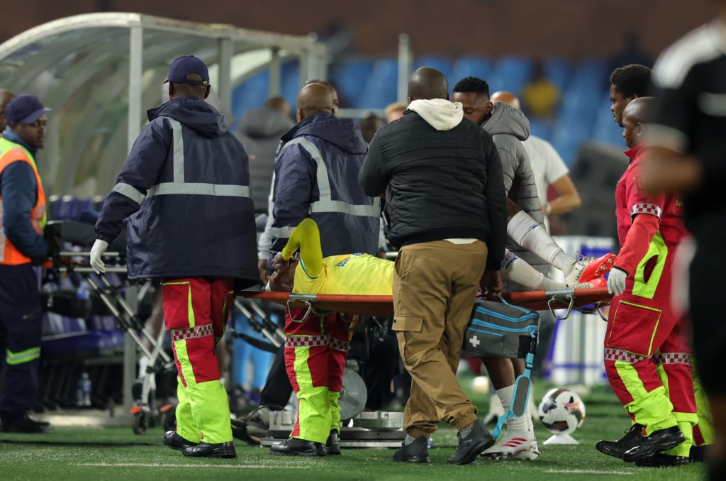 Khuliso Mudau of Mamelodi Sundowns is stretchered away after being injured during Betway Premiership 2026/27 match between Mamelodi Sundowns and Marumo Gallants at Loftus Versfeld Stadium in Pretoria, on 19 August 2026 ©Samuel Shivambu/BackpagePix