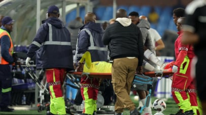 Khuliso Mudau of Mamelodi Sundowns is stretchered away after being injured during Betway Premiership 2026/27 match between Mamelodi Sundowns and Marumo Gallants at Loftus Versfeld Stadium in Pretoria, on 19 August 2026 ©Samuel Shivambu/BackpagePix