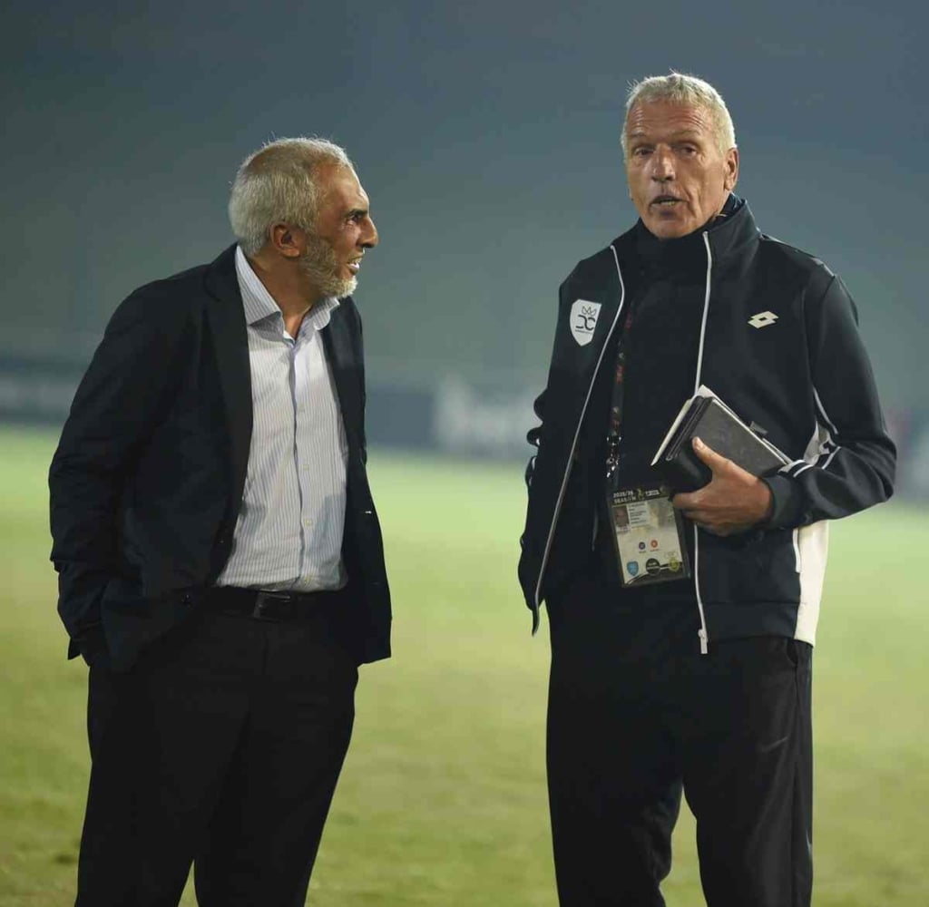 Farouk Kadodia, Durban City chairman and Ernst Middendorp during the Betway Premiership 2025/26 match between Durban City and Chippa United at Chatsworth Stadium, in Durban on 13 August 2025 ©Phakamisa Lensman/BackpagePix
