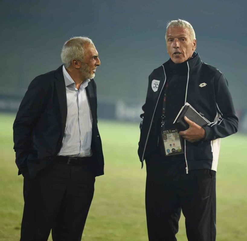 Farouk Kadodia, Durban City chairman and Ernst Middendorp during the Betway Premiership 2025/26 match between Durban City and Chippa United at Chatsworth Stadium, in Durban on 13 August 2025 ©Phakamisa Lensman/BackpagePix