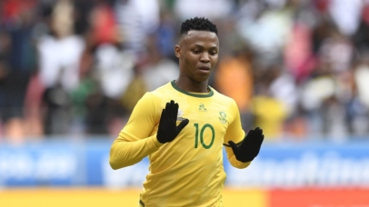 Mohau Nkota of South Africa celebrates goal during the International Friendly match between South Africa and Zambia at Nelson Mandela Bay Stadium in Gqeberha on15 November 2025 ©Sydney Mahlangu/BackpagePix