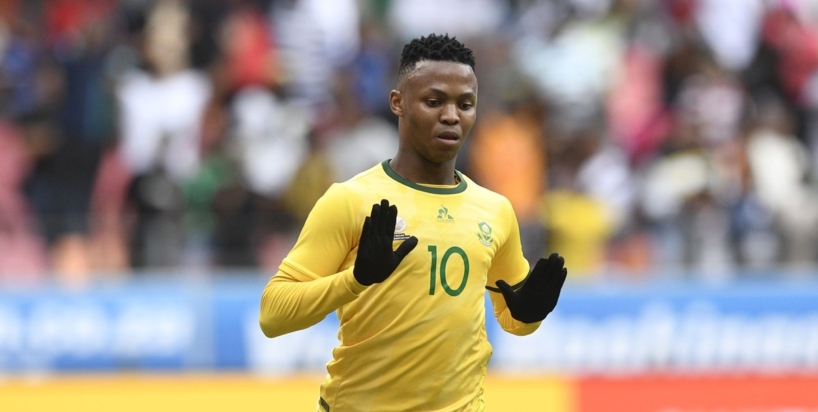 Mohau Nkota of South Africa celebrates goal during the International Friendly match between South Africa and Zambia at Nelson Mandela Bay Stadium in Gqeberha on15 November 2025 ©Sydney Mahlangu/BackpagePix