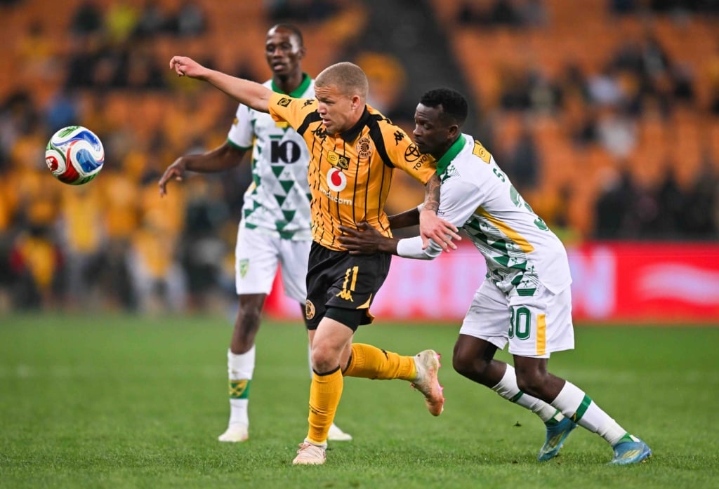 Luke Baartman of Kaizer Chiefs challenged by Sbonelo Cele of Golden Arrows during the 2026 MTN8 Quarter Final match between Kaizer Chiefs and Golden Arrows at FNB Stadium in Johannesburg on 9 August 2026 ©Alche Greeff/BackpagePix
