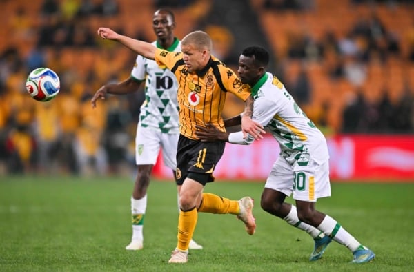 Luke Baartman of Kaizer Chiefs challenged by Sbonelo Cele of Golden Arrows during the 2026 MTN8 Quarter Final match between Kaizer Chiefs and Golden Arrows at FNB Stadium in Johannesburg on 9 August 2026 ©Alche Greeff/BackpagePix