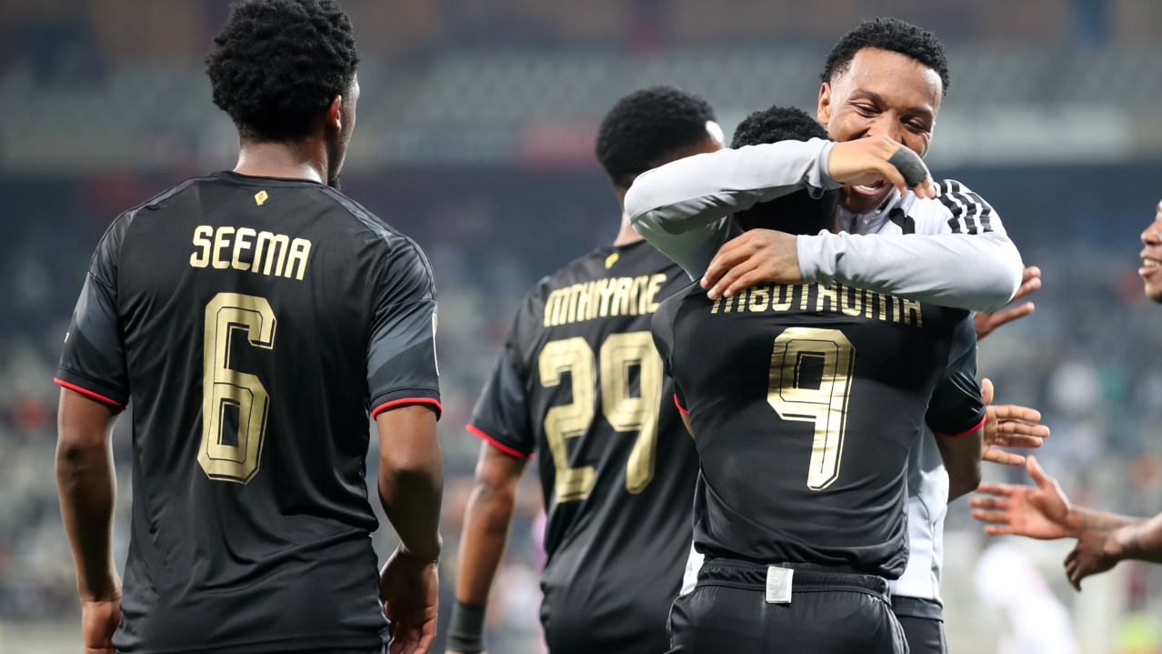 Yanela Mbuthuma of Orlando Pirates (c) celebrates goal with teammates during the Betway Premiership 2026/27 match between Kruger United and Orlando Pirates at Mbombela Stadium in Nelspruit on 01 September 2026 ©Muzi Ntombela/BackpagePix