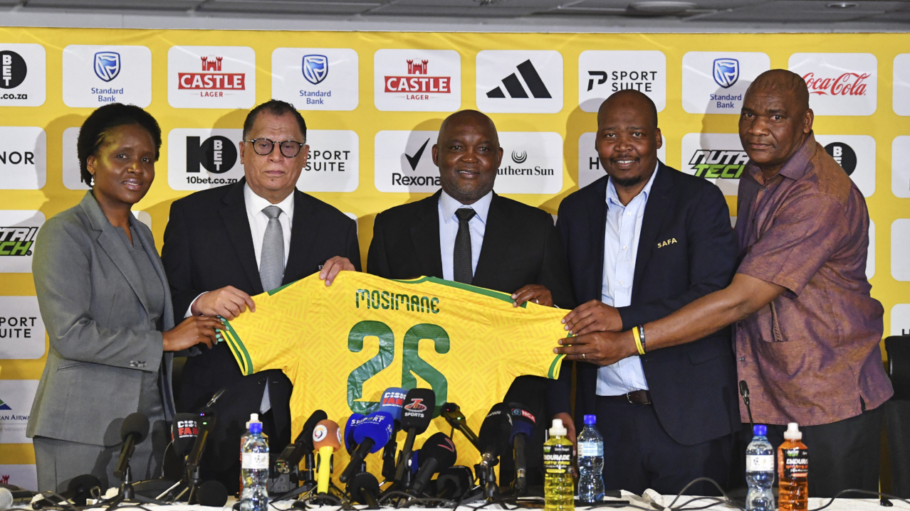 (L-r) Lydia Monyepao, SAFA CEO, Danny Jordaan, SAFA President, Pitso Mosimane, South Africa Head Coach, Linda Zwane, SAFA Vice President and Molefi Ntseki, SAFA Technical Director during the Bafana Bafana Press Conference at SAFA House in Johannesburg on 01 September 2026 ©Phakamisa Lensman/Backpagepix