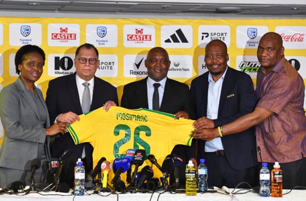 (L-r) Lydia Monyepao, SAFA CEO, Danny Jordaan, SAFA President, Pitso Mosimane, South Africa Head Coach, Linda Zwane, SAFA Vice President and Molefi Ntseki, SAFA Technical Director during the Bafana Bafana Press Conference at SAFA House in Johannesburg on 01 September 2026 ©Phakamisa Lensman/Backpagepix