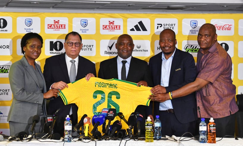 (L-r) Lydia Monyepao, SAFA CEO, Danny Jordaan, SAFA President, Pitso Mosimane, South Africa Head Coach, Linda Zwane, SAFA Vice President and Molefi Ntseki, SAFA Technical Director during the Bafana Bafana Press Conference at SAFA House in Johannesburg on 01 September 2026 ©Phakamisa Lensman/Backpagepix