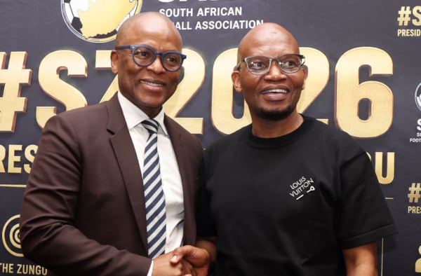 Sandile Zungu (l) with Manzini Zungu during the 2026 SAFA Sandile Zungu Press Conference at Maslow Hotel in Johannesburg on 07 September 2026 ©Muzi Ntombela/BackpagePix
