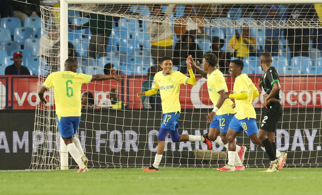 Tashreeq Matthews of Mamelodi Sundowns (c) celebrates goal with teammates during the Betway Premiership 2026/27 match between Mamelodi Sundowns and Siwelele FC at Loftus Versfeld Stadium in Pretoria on 09 September 2026 ©Muzi Ntombela/BackpagePix
