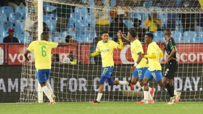 Tashreeq Matthews of Mamelodi Sundowns (c) celebrates goal with teammates during the Betway Premiership 2026/27 match between Mamelodi Sundowns and Siwelele FC at Loftus Versfeld Stadium in Pretoria on 09 September 2026 ©Muzi Ntombela/BackpagePix