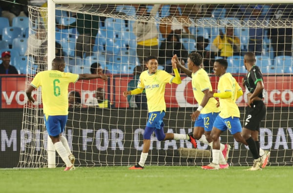 Tashreeq Matthews of Mamelodi Sundowns (c) celebrates goal with teammates during the Betway Premiership 2026/27 match between Mamelodi Sundowns and Siwelele FC at Loftus Versfeld Stadium in Pretoria on 09 September 2026 ©Muzi Ntombela/BackpagePix