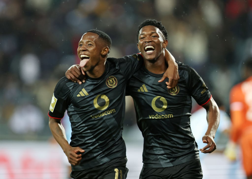 Tshepang Moremi (l) celebrates goal with teammate Simphiwe Masilela of Orlando Pirates during the Betway Premiership 2026/27 match between Orlando Pirates and Durban City FC at Orlando Amstel Arena in Soweto on 17 September 2026 ©Muzi Ntombela/BackpagePix
