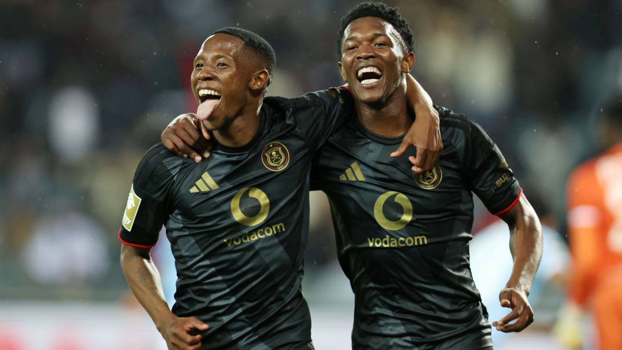 Tshepang Moremi (l) celebrates goal with teammate Simphiwe Masilela of Orlando Pirates during the Betway Premiership 2026/27 match between Orlando Pirates and Durban City FC at Orlando Amstel Arena in Soweto on 17 September 2026 ©Muzi Ntombela/BackpagePix