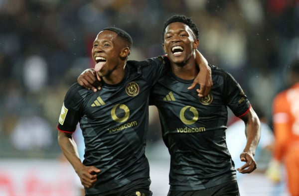 Tshepang Moremi (l) celebrates goal with teammate Simphiwe Masilela of Orlando Pirates during the Betway Premiership 2026/27 match between Orlando Pirates and Durban City FC at Orlando Amstel Arena in Soweto on 17 September 2026 ©Muzi Ntombela/BackpagePix