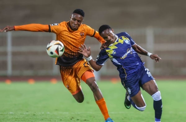 Athini Maqokolo of AmaZulu challenged by Edwin Ramaja of Polokwane City during the Betway Premiership 2026/27 match between Polokwane City and Amazulu at Old Peter Mokaba Stadium in Polokwane on 19 September 2026 ©Brian Rikhotso/BackpagePix