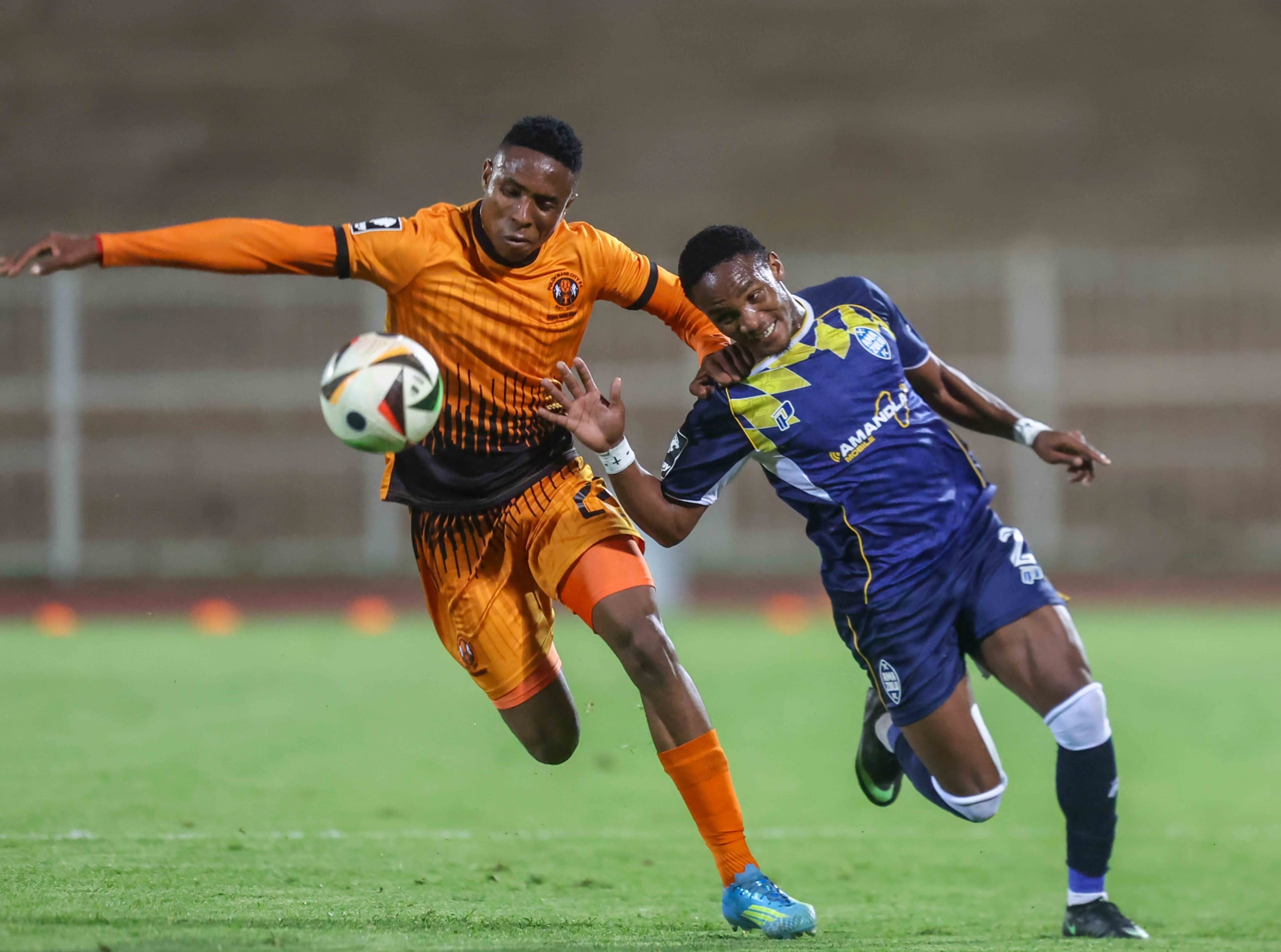 Athini Maqokolo of AmaZulu challenged by Edwin Ramaja of Polokwane City during the Betway Premiership 2026/27 match between Polokwane City and Amazulu at Old Peter Mokaba Stadium in Polokwane on 19 September 2026 ©Brian Rikhotso/BackpagePix