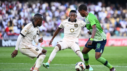 Msindisi Kunene of Marumo Gallants challenged by Kamogelo Sebelebele of Orlando Pirates during the Betway Premiership 2026/27 football match between Marumo Gallants and Orlando Pirates at Royal Bafokeng Stadium in Rustenburg on 20 September 2026 ©Nokwanda Zondi/BackpagePix