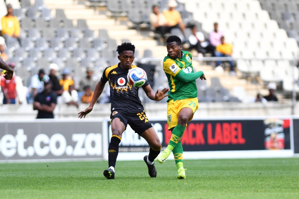 Adolf Mtasingwa of Kaizer Chiefs challenged by Sabelo Sithole of Lamontville Golden Arrows during the Betway Premiership 2026/27 match between Lamontville Golden Arrows and Kaizer Chiefs at Mbombela Stadium in Nelspruit on 20 September 2026 ©Phakamisa Lensman/Backpagepix