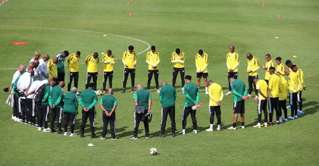 South Africa players pray before warm up during the 2027 Africa Cup of Nations Qualifiers South Africa Training Session at UJ Stadium in Johannesburg on 21 September 2026 ©Muzi Ntombela/BackpagePix