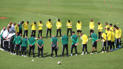 South Africa players pray before warm up during the 2027 Africa Cup of Nations Qualifiers South Africa Training Session at UJ Stadium in Johannesburg on 21 September 2026 ©Muzi Ntombela/BackpagePix