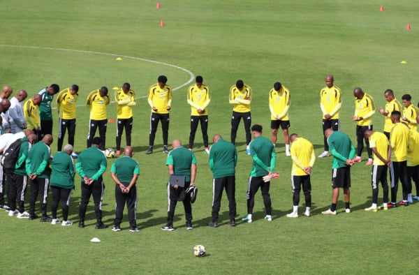 South Africa players pray before warm up during the 2027 Africa Cup of Nations Qualifiers South Africa Training Session at UJ Stadium in Johannesburg on 21 September 2026 ©Muzi Ntombela/BackpagePix