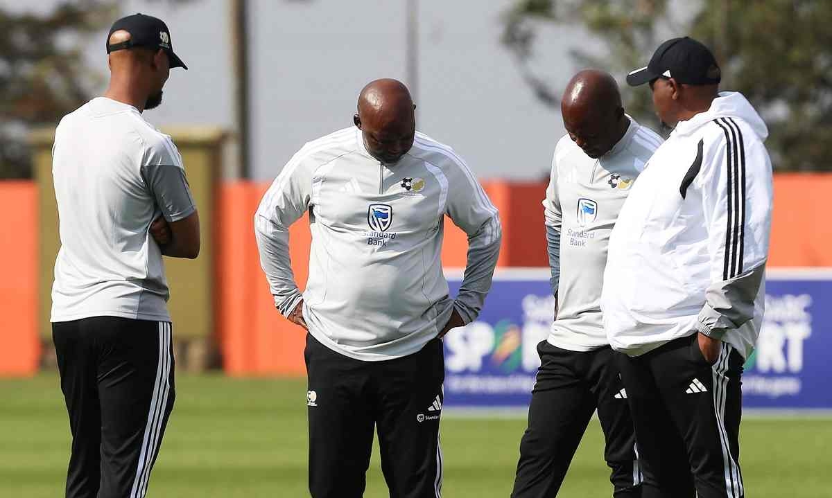 Pitso Mosimane (coach of South Africa) (l), Marcus Mashilo (Goalkeeper coach of South Africa) and Morena Ramoreboli (assistant coach of South Africa) during the 2027 Africa Cup of Nations Qualifiers South Africa Training Session at UJ Stadium in Johannesburg on 21 September 2026 ©Muzi Ntombela/BackpagePix