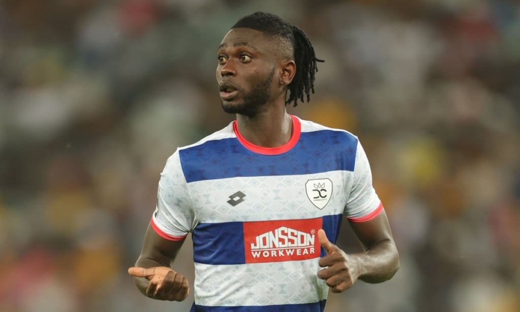 Collins Nwoburuoke of Durban City during the Betway Premiership 2025/26 match between Durban City and Kaizer Chiefs at Moses Mabhida Stadium in Durban on the 31 October 2025 ©Samuel Shivambu/BackpagePix