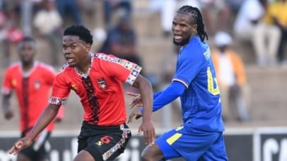 Ntandoyenkosi Nkosi TS Galaxy challenges Tatenda Tavengwa of Kruger United FC during the Betway Premiership 2026/27 match between TS Galaxy FC and Kruger United FC at Solomon Mahlangu Stadium in Kwa Ndebele on 13 September 2026 ©Sydney Mahlangu/BackpagePix