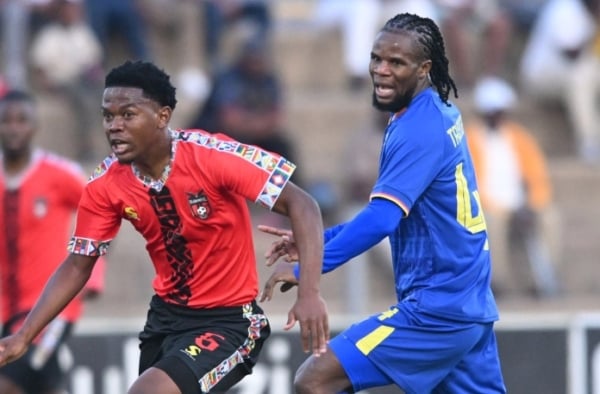 Ntandoyenkosi Nkosi TS Galaxy challenges Tatenda Tavengwa of Kruger United FC during the Betway Premiership 2026/27 match between TS Galaxy FC and Kruger United FC at Solomon Mahlangu Stadium in Kwa Ndebele on 13 September 2026 ©Sydney Mahlangu/BackpagePix