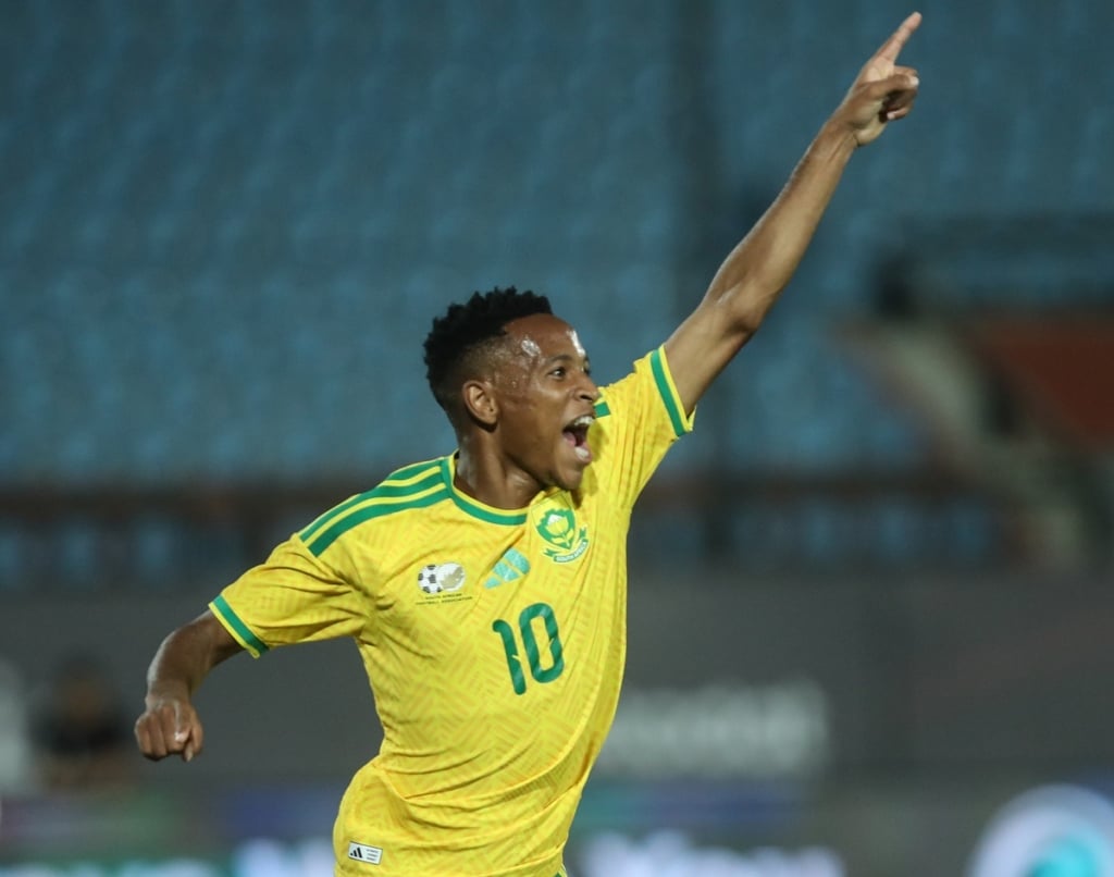 Relebohile Mofokeng of South Africa celebrates goal during the 2027 Africa Cup of nations match between Eritrea and South Africa at Al Salam Stadium in Cairo, Egypt on 30 September 2026 ©Weam Mostafa/BackpagePix
