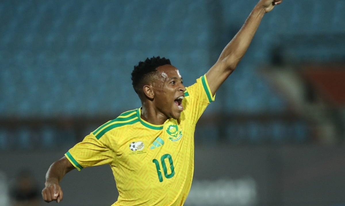 Relebohile Mofokeng of South Africa celebrates goal during the 2027 Africa Cup of nations match between Eritrea and South Africa at Al Salam Stadium in Cairo, Egypt on 30 September 2026 ©Weam Mostafa/BackpagePix