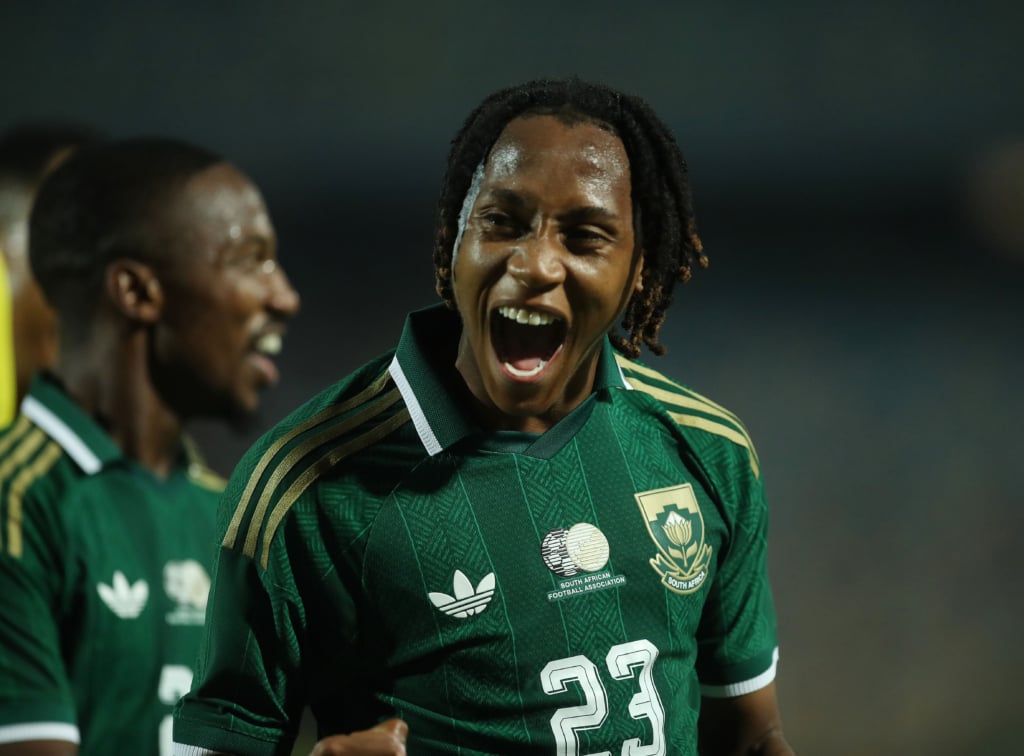 Puso Dithejane of South Africa celebrates goal during the 2027 Africa Cup of nations International Friendlies match between Egypt and South Africa at Cairo International Stadium in Cairo, Egypt on 04 October 2026 ©Weam Mostafa/BackpagePix