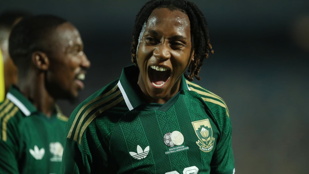 Puso Dithejane of South Africa celebrates goal during the 2027 Africa Cup of nations International Friendlies match between Egypt and South Africa at Cairo International Stadium in Cairo, Egypt on 04 October 2026 ©Weam Mostafa/BackpagePix