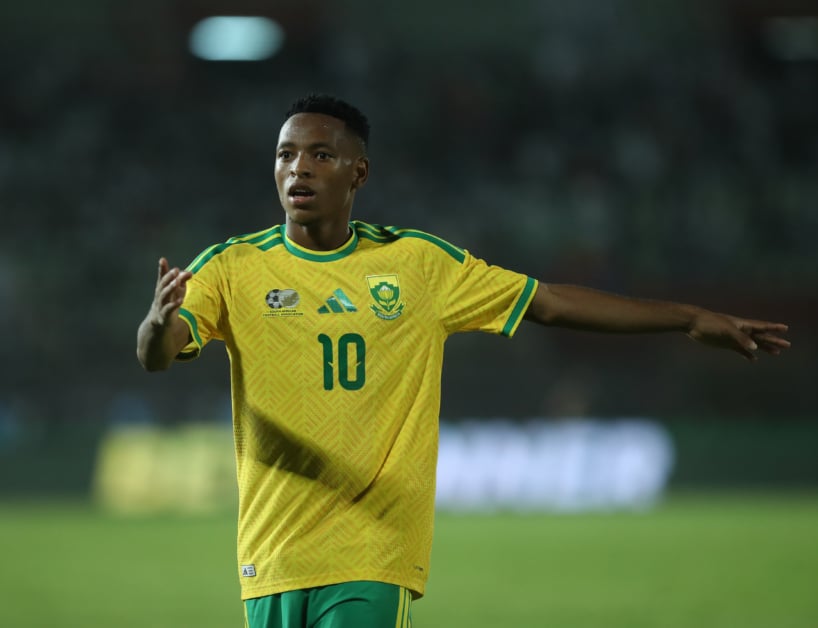 Relebohile Mofokeng of South Africa celebrates goal during the 2027 Africa Cup of nations match between Eritrea and South Africa at Al Salam Stadium in Cairo, Egypt on 30 September 2026 ©Weam Mostafa/BackpagePix