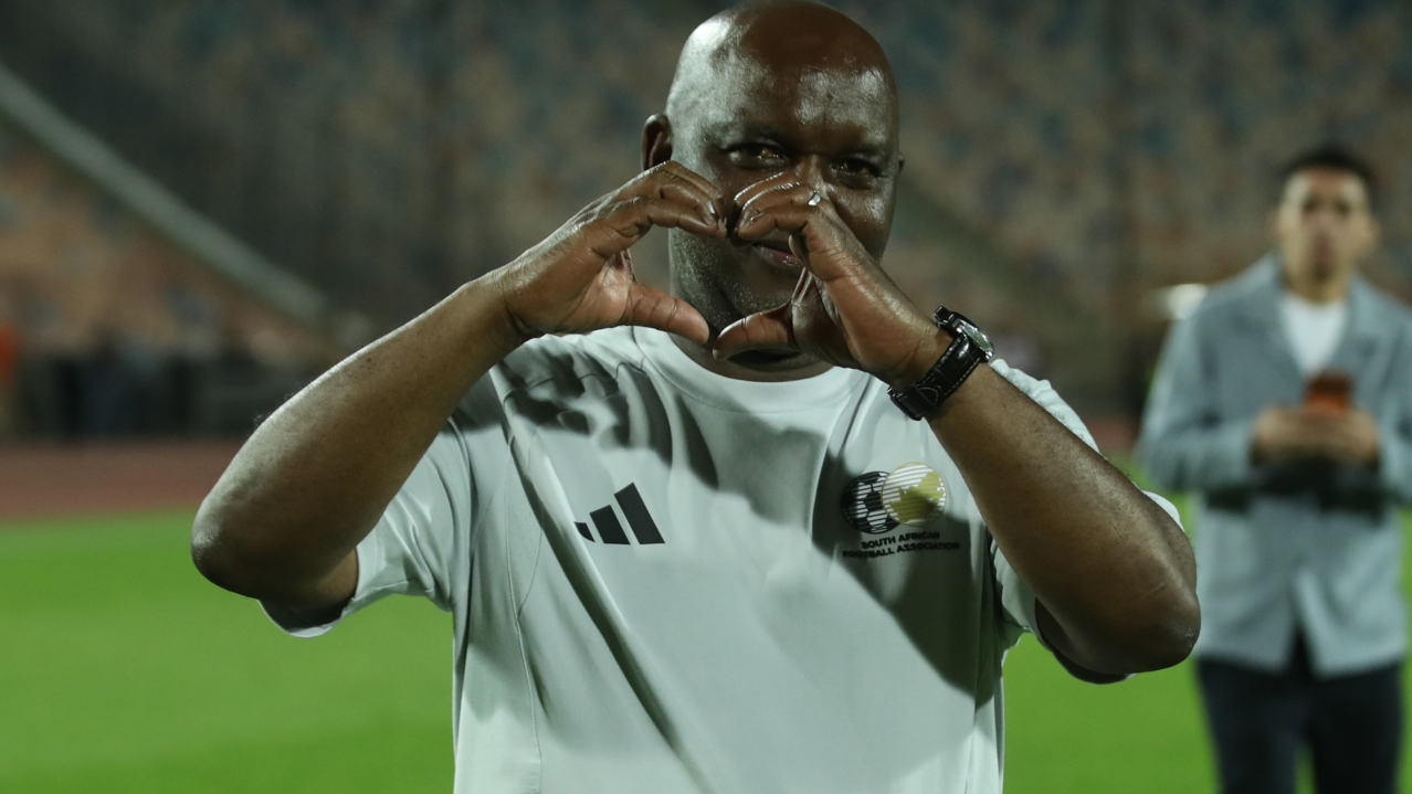 Pitso Mosimane, head coach of South Africa celebrates victory during the 2027 Africa Cup of nations International Friendlies match between Egypt and South Africa at Cairo International Stadium in Cairo, Egypt on 04 October 2026 ©Weam Mostafa/BackpagePix