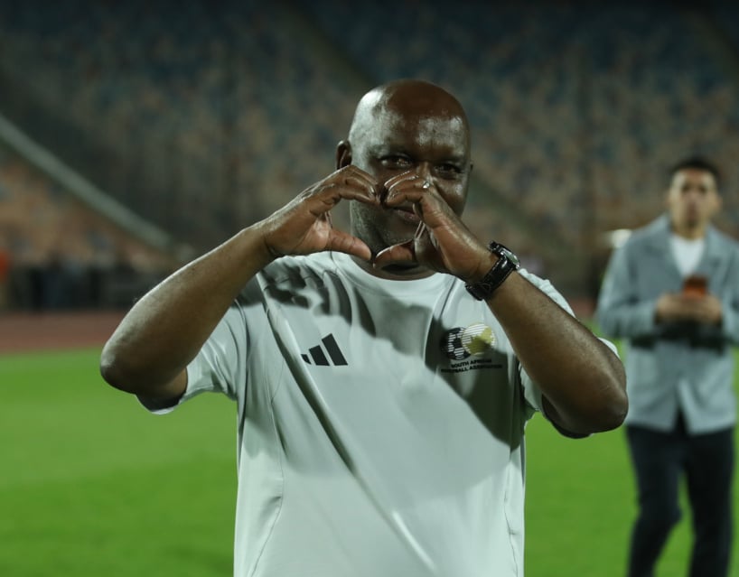 Pitso Mosimane, head coach of South Africa celebrates victory during the 2027 Africa Cup of nations International Friendlies match between Egypt and South Africa at Cairo International Stadium in Cairo, Egypt on 04 October 2026 ©Weam Mostafa/BackpagePix