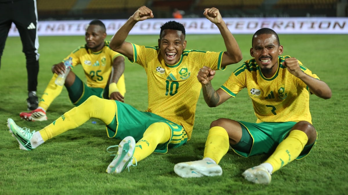 Oswin Appollis of South Africa celebrates victory celebrates victory during the 2027 Africa Cup of nations match between Eritrea and South Africa at Al Salam Stadium in Cairo, Egypt on 30 September 2026 ©Weam Mostafa/BackpagePix