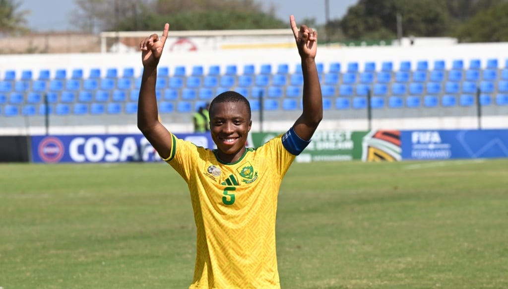 Lazola Maku of South Africa celebrates during 2026 COSAFA U20 Youth Championship CAF Qualifier Semi Final match between South Africa and Zambia at ABB Stadium in Maputo on 25 September 2026 ©Sydney Mahlangu/BackpagePix