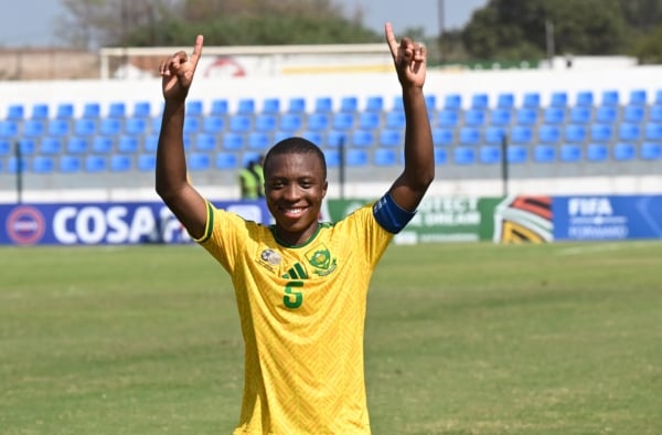 Lazola Maku of South Africa celebrates during 2026 COSAFA U20 Youth Championship CAF Qualifier Semi Final match between South Africa and Zambia at ABB Stadium in Maputo on 25 September 2026 ©Sydney Mahlangu/BackpagePix